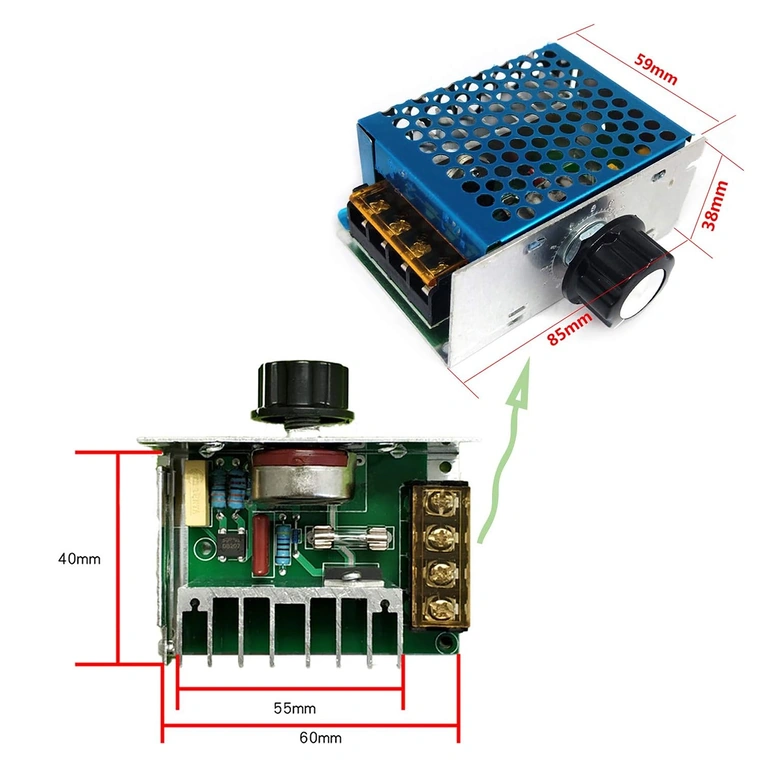 Detaljeret billede af 220V variatormodul med elektroniske komponenter: triac, køleplade, potentiometer, dimensioner 8,5 x 5,8 x 3,8 cm