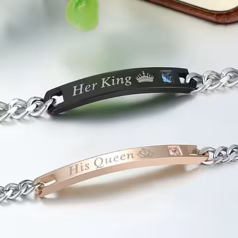 Sæt med 2 Armbånd til Par Her King & His Queen – Gravérbar Rustfrit Stål til Elskende, Ham og Hende