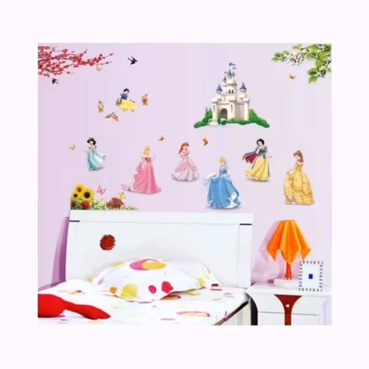 Vægdekoration med Disney-karakterer og farverige blomster