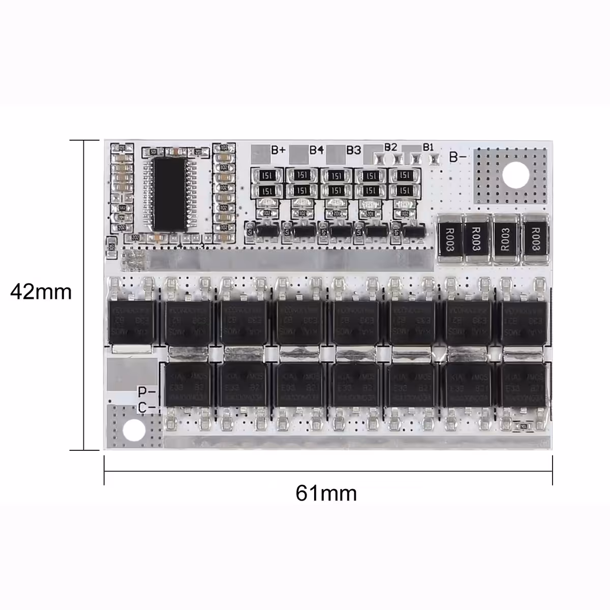 Detaljeret billede med mål af BMS-plade