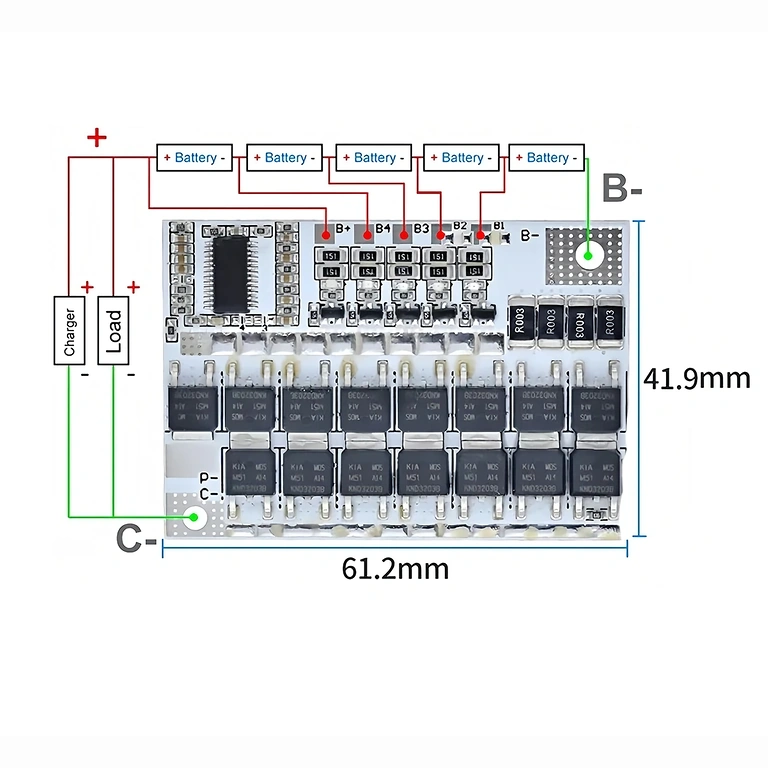 Monteringsdiagram for BMS 5S 100A modul BMS 5S forbindelsesdiagram for korrekt konfiguration af Li-Ion celler
