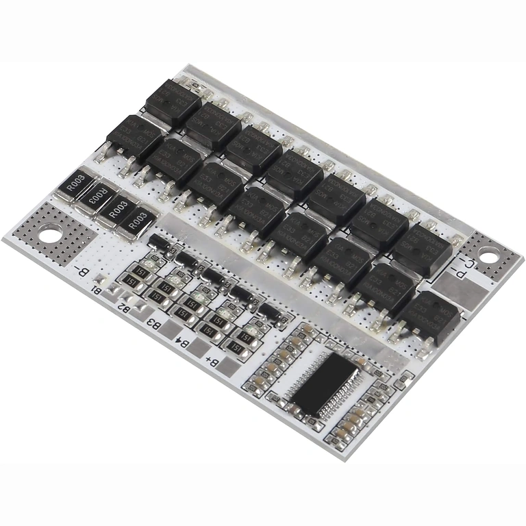 BMS 5S 100A set fra siden Side view af BMS 5S modul, viser komponentprofiler