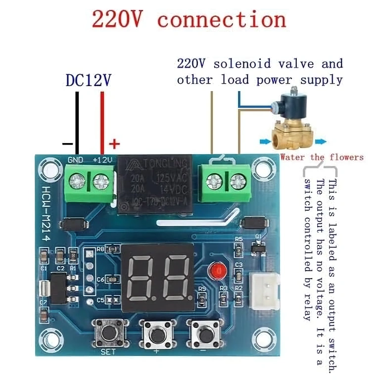 XH-M214 modul tilsluttet 220V net til kontrol af elektromagnetventil