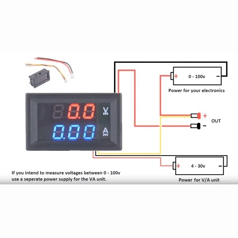 Forbindelsesdiagram voltmeter 0–100V Monteringsdiagram for voltmeter og amperemeter med separat 0–100V strømforsyning