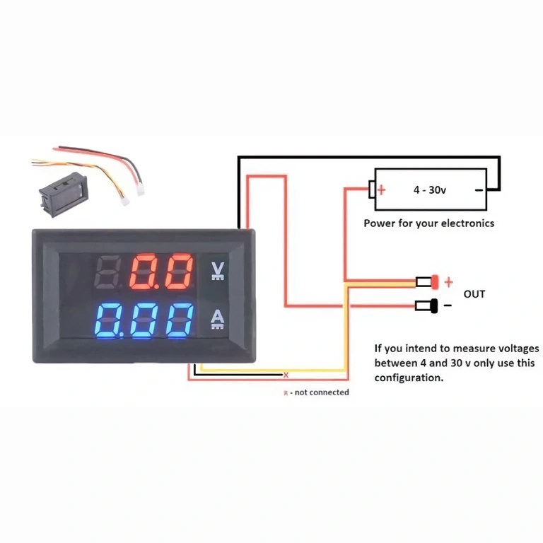 Forbindelsesdiagram voltmeter 4–30V Monteringsdiagram for voltmeter og amperemeter med fælles 4–30V strømforsyning