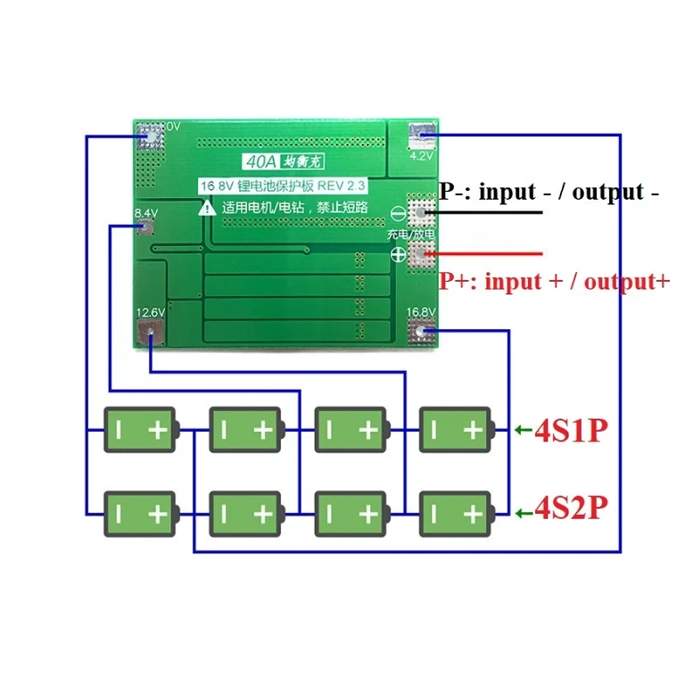 Elektrisk monteringsdiagram for BMS 4S 40A Li-ion batterier
