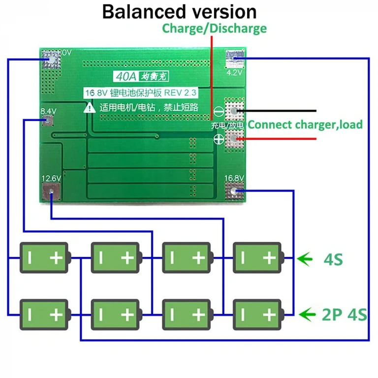 Detaljeret diagram af forbindelser for Li-ion 4S batteribeskyttelsesmodul