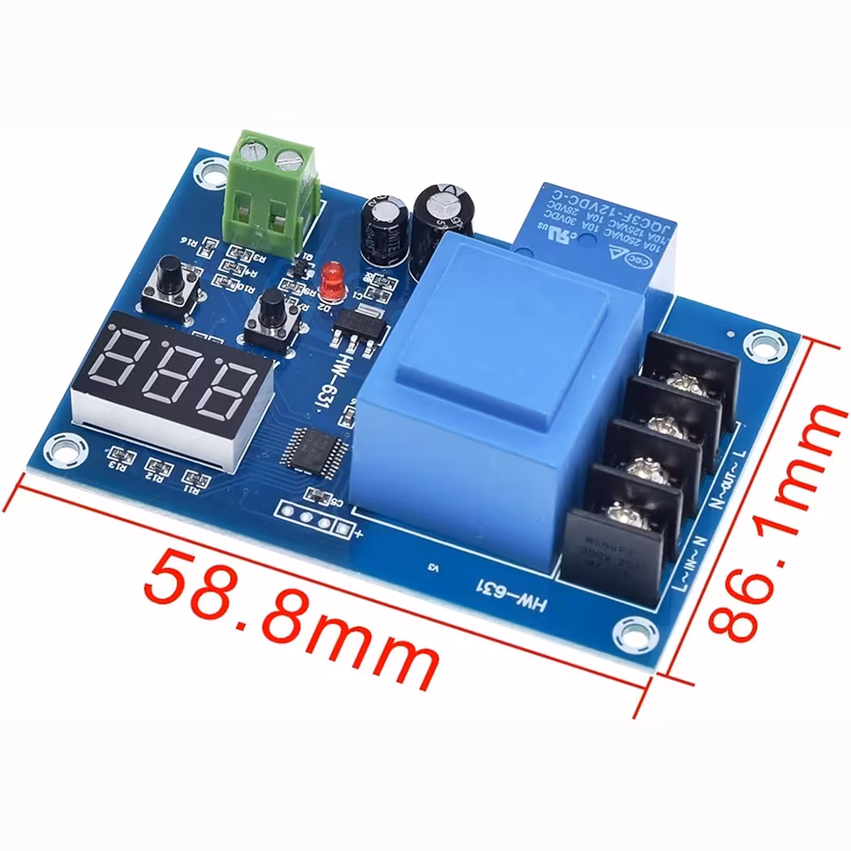 Billede med præcise dimensioner af XH-M602 modul til nøjagtig montering