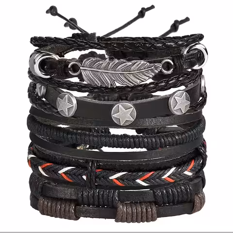 Sæt med 5 Herrearmbånd i Ægte Læder – Håndlavet, Justerbare, Elegante, Nye Luxury Modeller