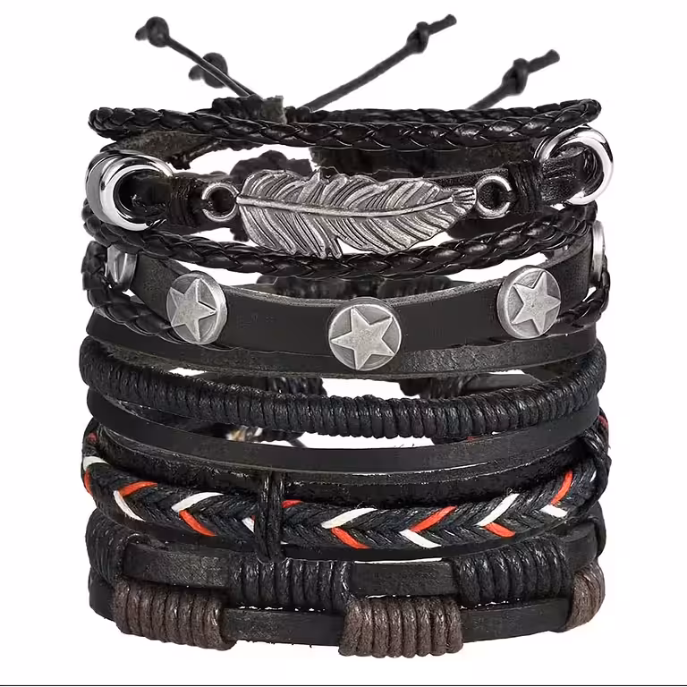 Sæt med 5 Herrearmbånd i Ægte Læder – Håndlavet, Justerbare, Elegante, Nye Luxury Modeller