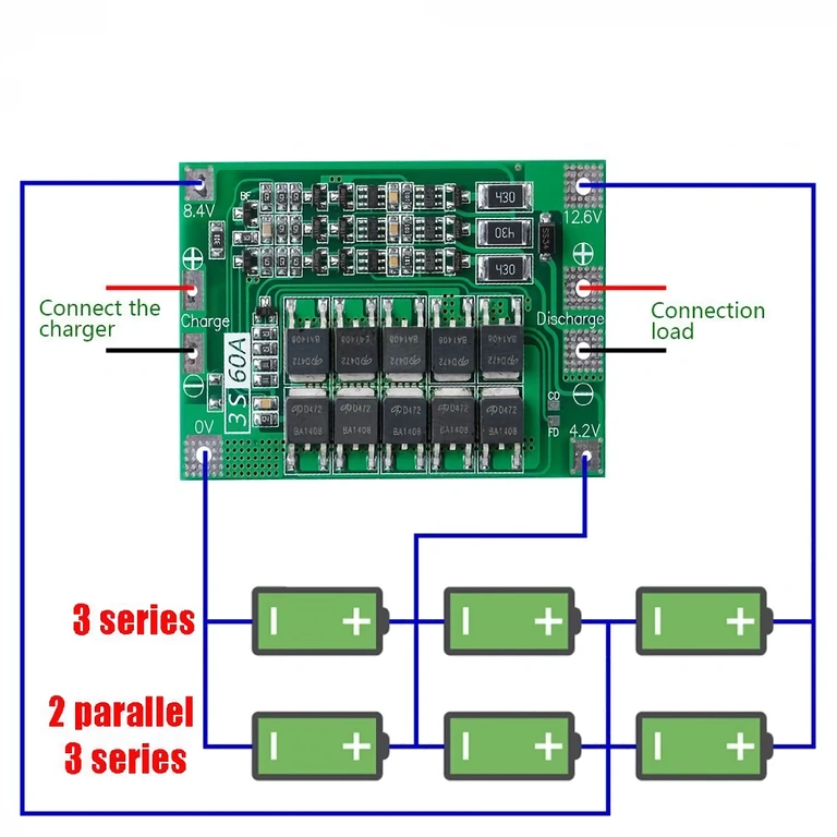 Forbindelsesdiagram for BMS 3S 60A – batteri, udgange og cellebalancering