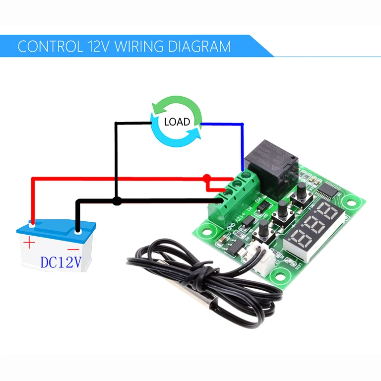 Tilslutningsdiagram W1209 til 12V DC Korrekt tilslutning af W1209 digital termostat til 12V strømforsyning