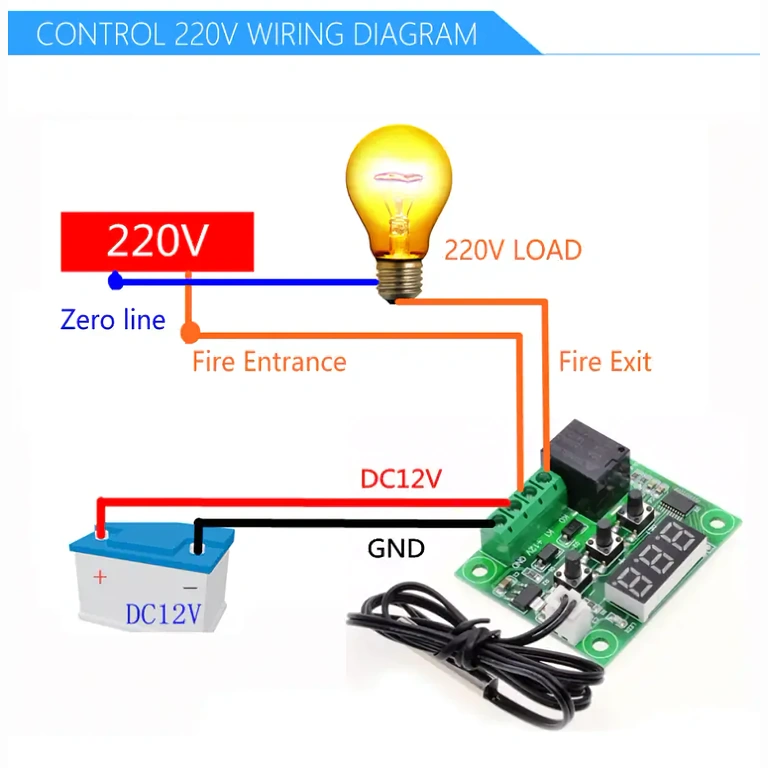 Tilslutningsdiagram W1209 til 220V AC Fuld diagram for tilslutning af W1209 til 220V netværk