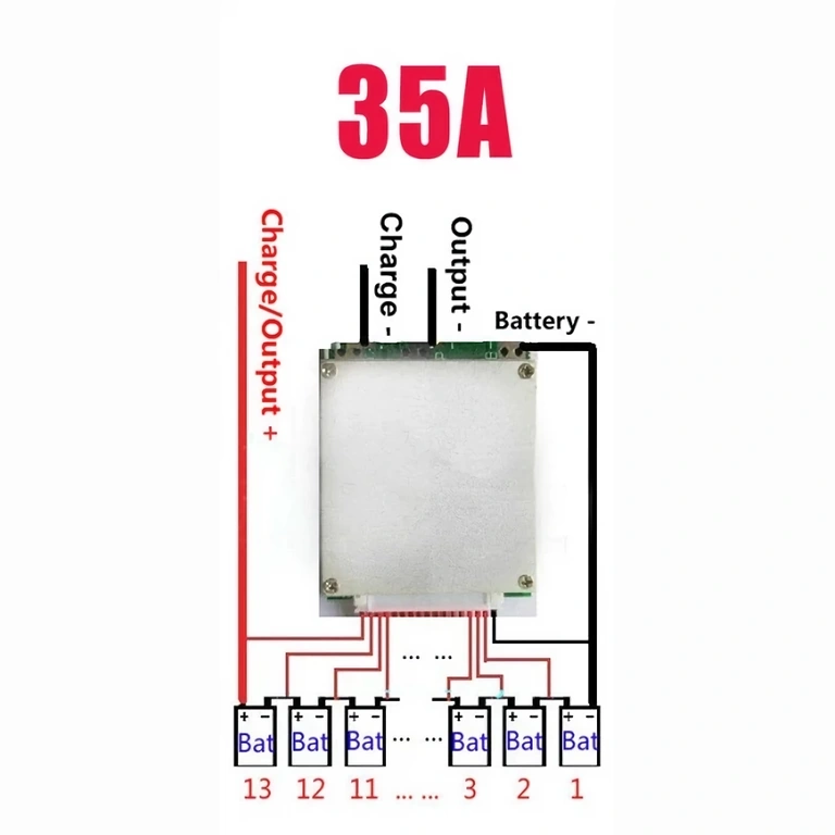 Forbindelsesdiagram for 13S BMS modul – korrekt Li-Ion kabeltilslutning