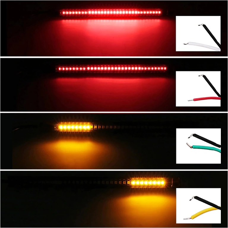 Tilslutningsdiagram LED-bremse-/signalstribe Ledningskonfiguration: rød bremse, gul højre blink, grøn venstre blink