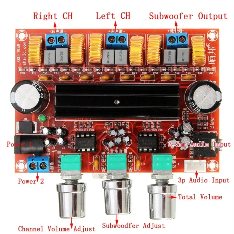 Installationsdiagram til stereo forstærker med subwoofer