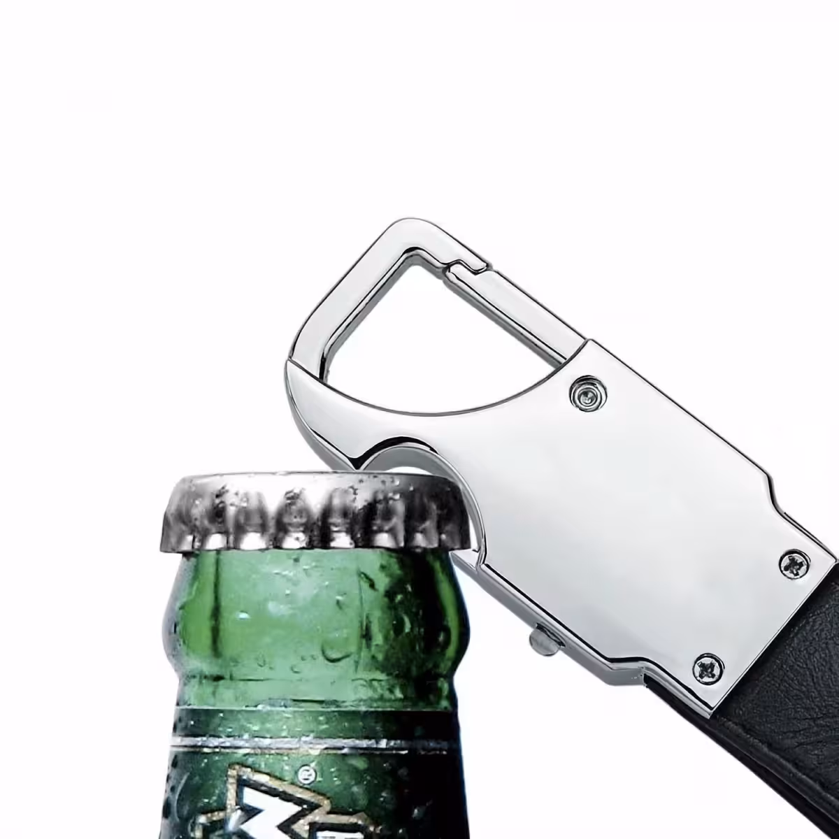 Sort lædernøglering med integreret øloplukker