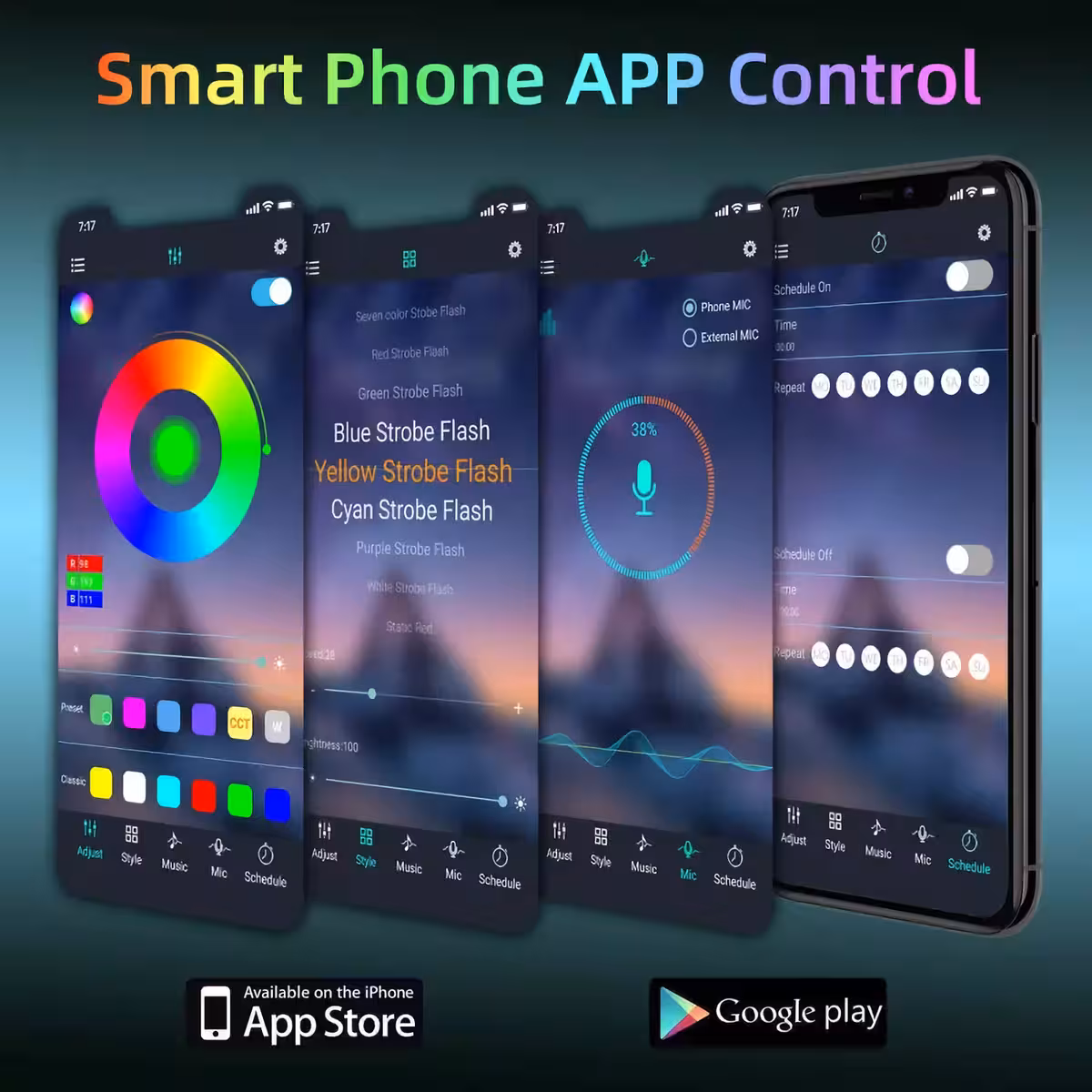 RGB LED-strip med smart kontrol og synkroniserede lydtilstande