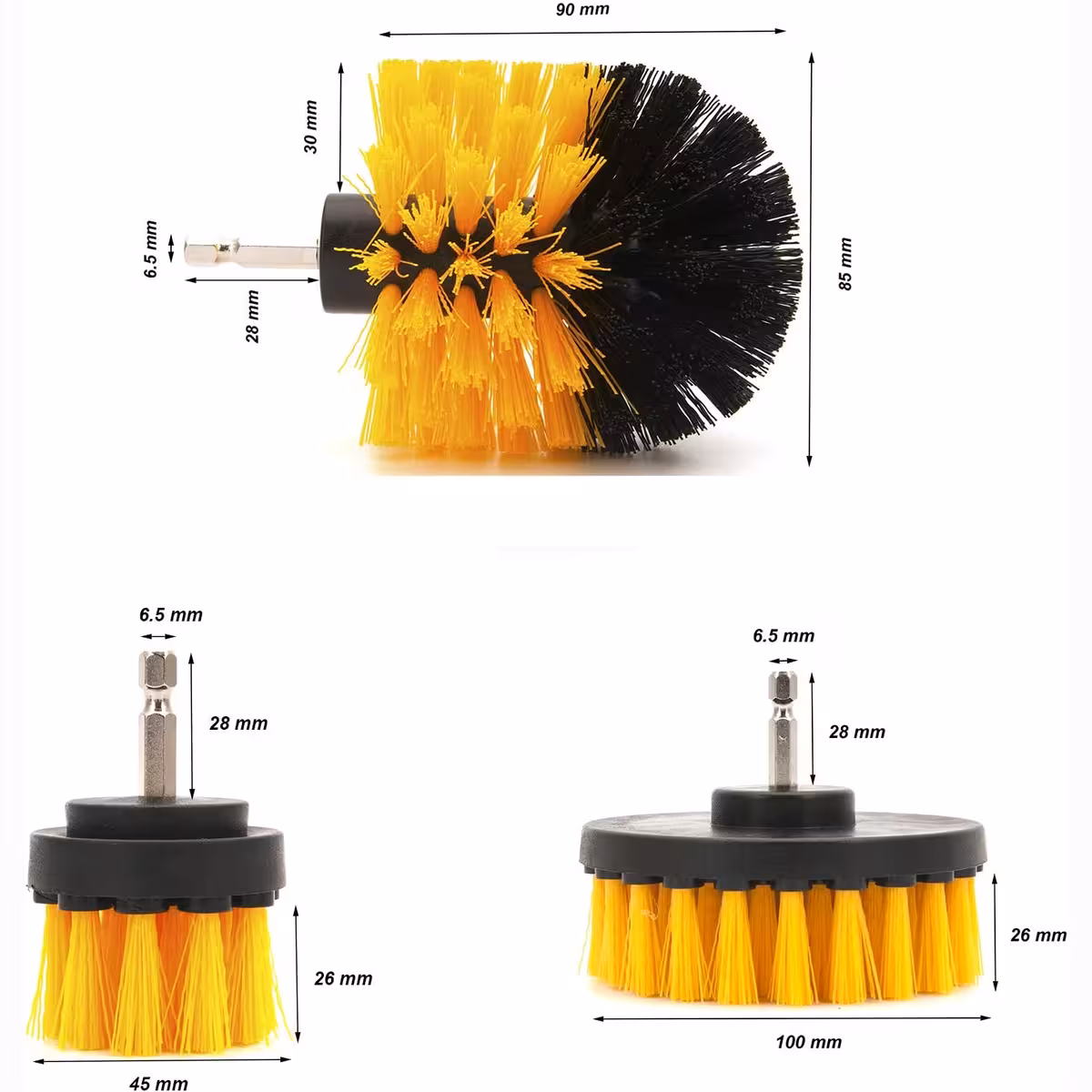 Billede af de 3 børster med dimensioner: 12 cm, 8,5 cm, 5 cm