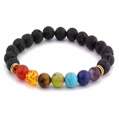 Armbånd af Naturlig Vulkansten med 7 Chakraer – Agat, Ametyst, Rav, Lapis Lazuli, Tigerøje