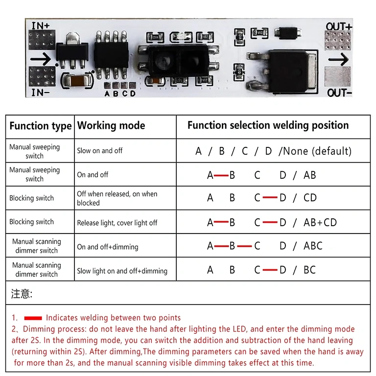 Direkte forbindelser på XK-GK-4010A sensorprint Eksempel på direkte elektriske forbindelser på 12V XK-GK-4010A sensorplade