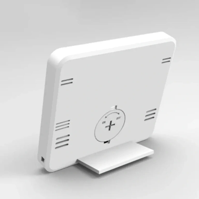 Digitalt termometer og hygrometer med kompakt design og hvid farve