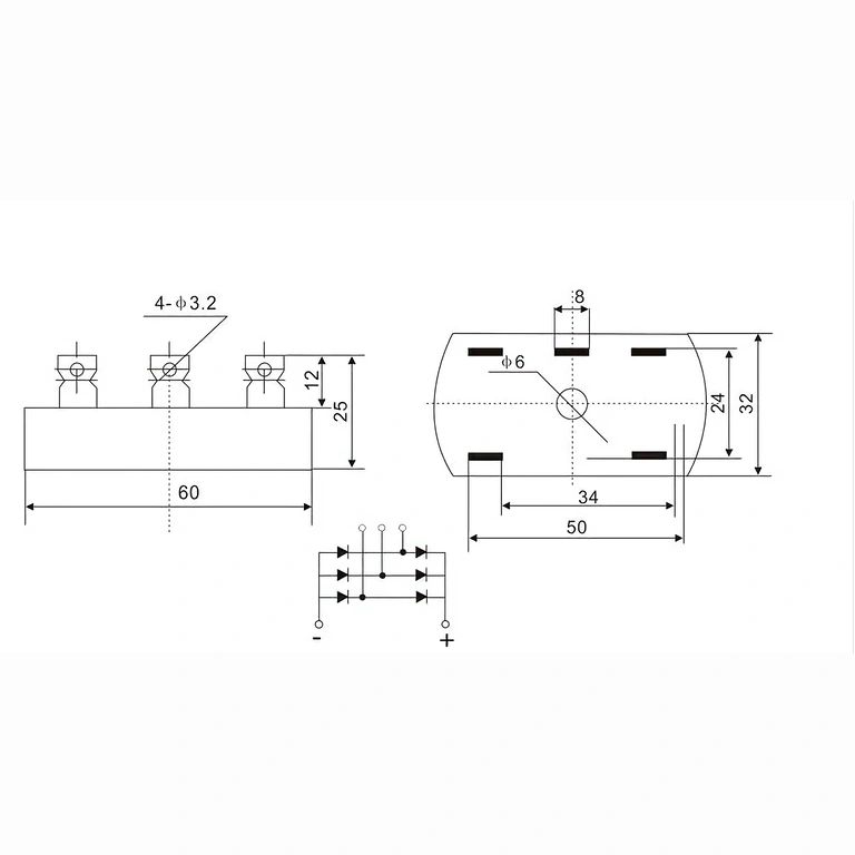 Tre-faset broensretterskema 50A Tilslutningsdiagram for 3-faset broretter 50A