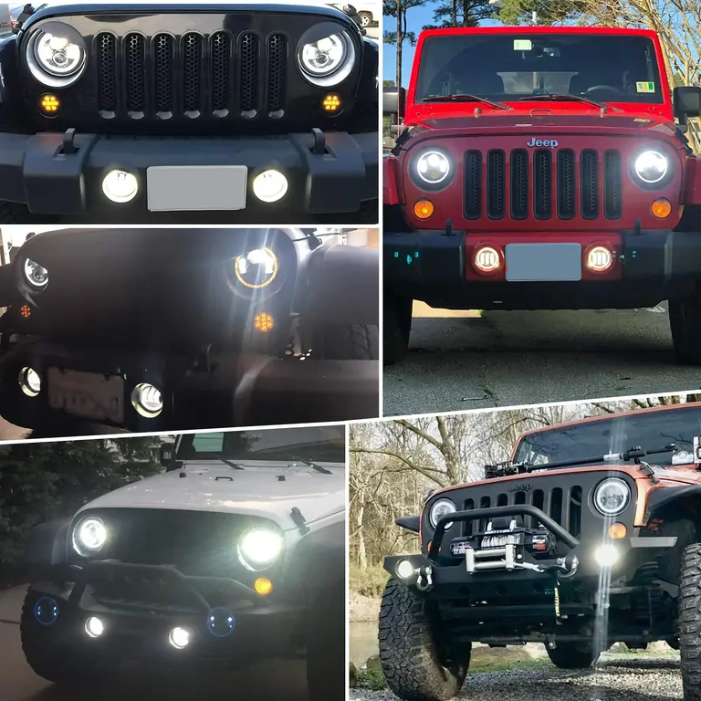 7 tommer LED forlygte til Jeep Wrangler Rund LED-forlygte 7" kompatibel med Jeep Wrangler, lysstyrke 7000lm, H4/H13
