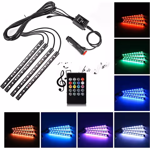 Bil Ambient Lys – LED RGB Strip Kit til Interiør med Lydsensor