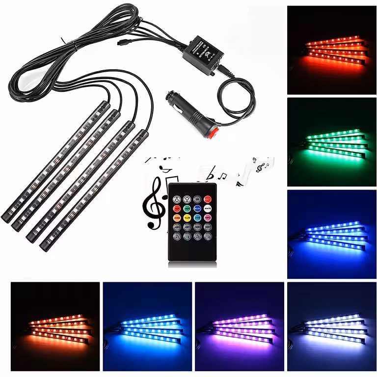 Bil Ambient Lys – LED RGB Strip Kit til Interiør med Lydsensor
