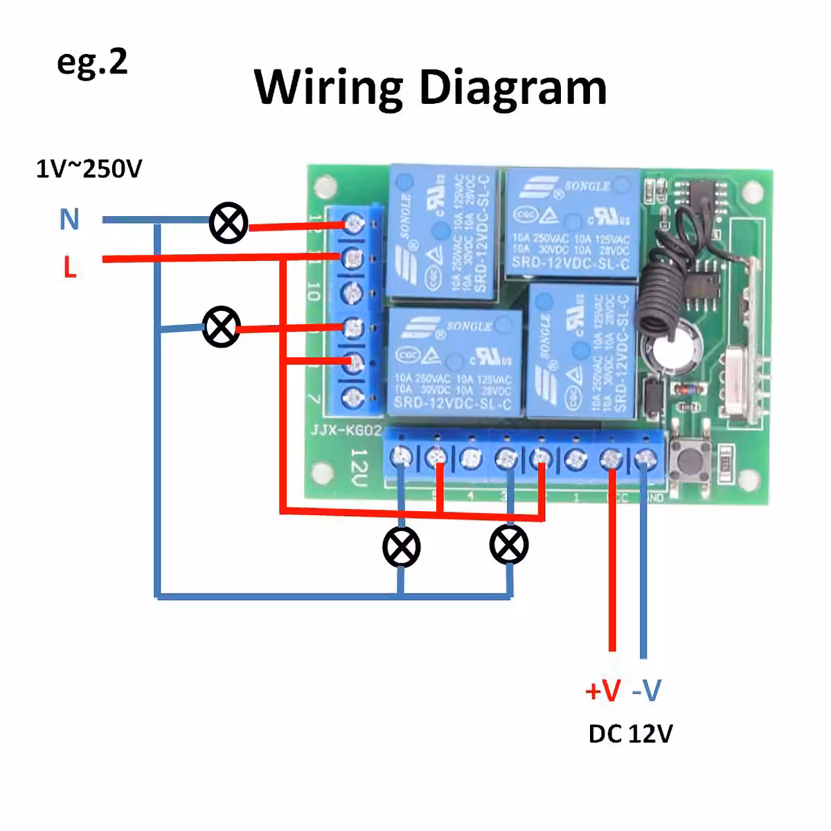 Installationsdiagram for 4-kanals 12V relæ