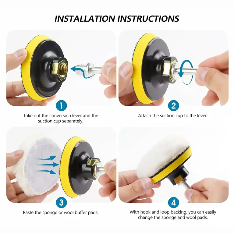 Monteringsvejledning for polersvampe på boremaskine Billede af korrekt montering af poleringssvampe på boremaskine med adapter