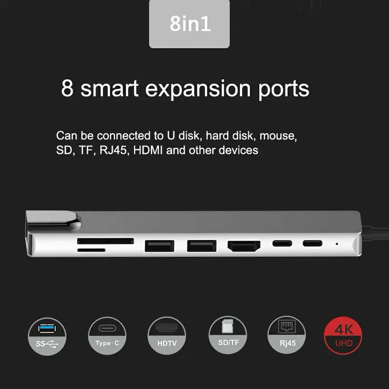 8-i-1 dockingstation med HDMI, RJ45, USB og kortlæser