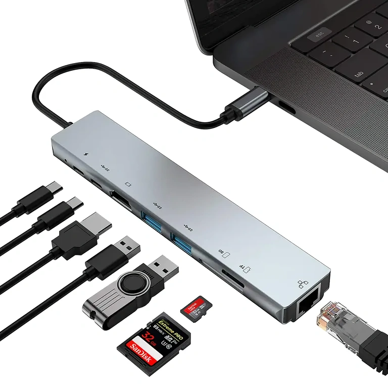USB-C adapter med HDMI, RJ45, USB og kortlæser til bærbare computere