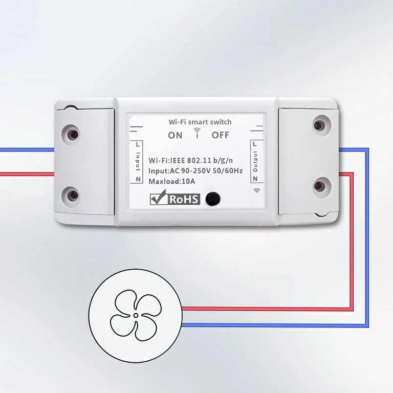 Detaljeret diagram til montering af trådløst relæ med elektriske forbindelser og WiFi