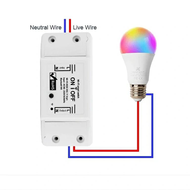Elektrisk diagram og instruktioner til kabling af smart relæ med 1 kanal