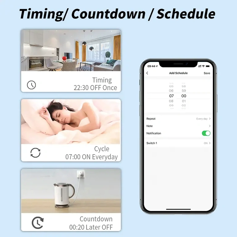 Daglig og ugentlig planlægning Smart stik med programmeringsfunktion til automatisk kontrol