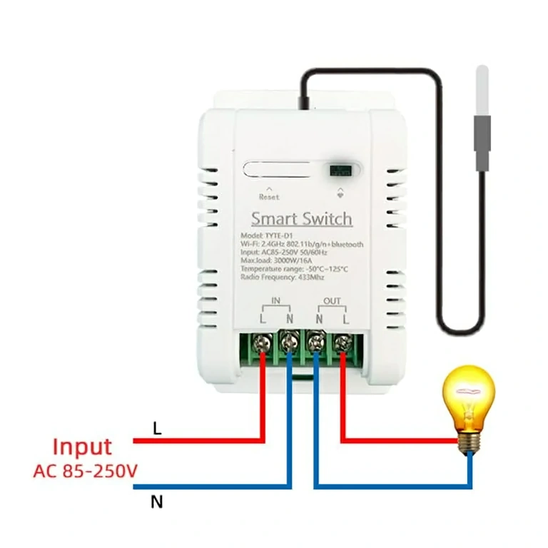 Diagram over forbindelser for trådløs termostat med temperatursensor