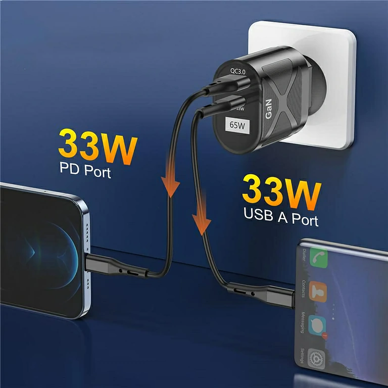 Kompakt oplader med to porte Kompakt GaN-oplader med USB-C og USB-A, ideel til rejser