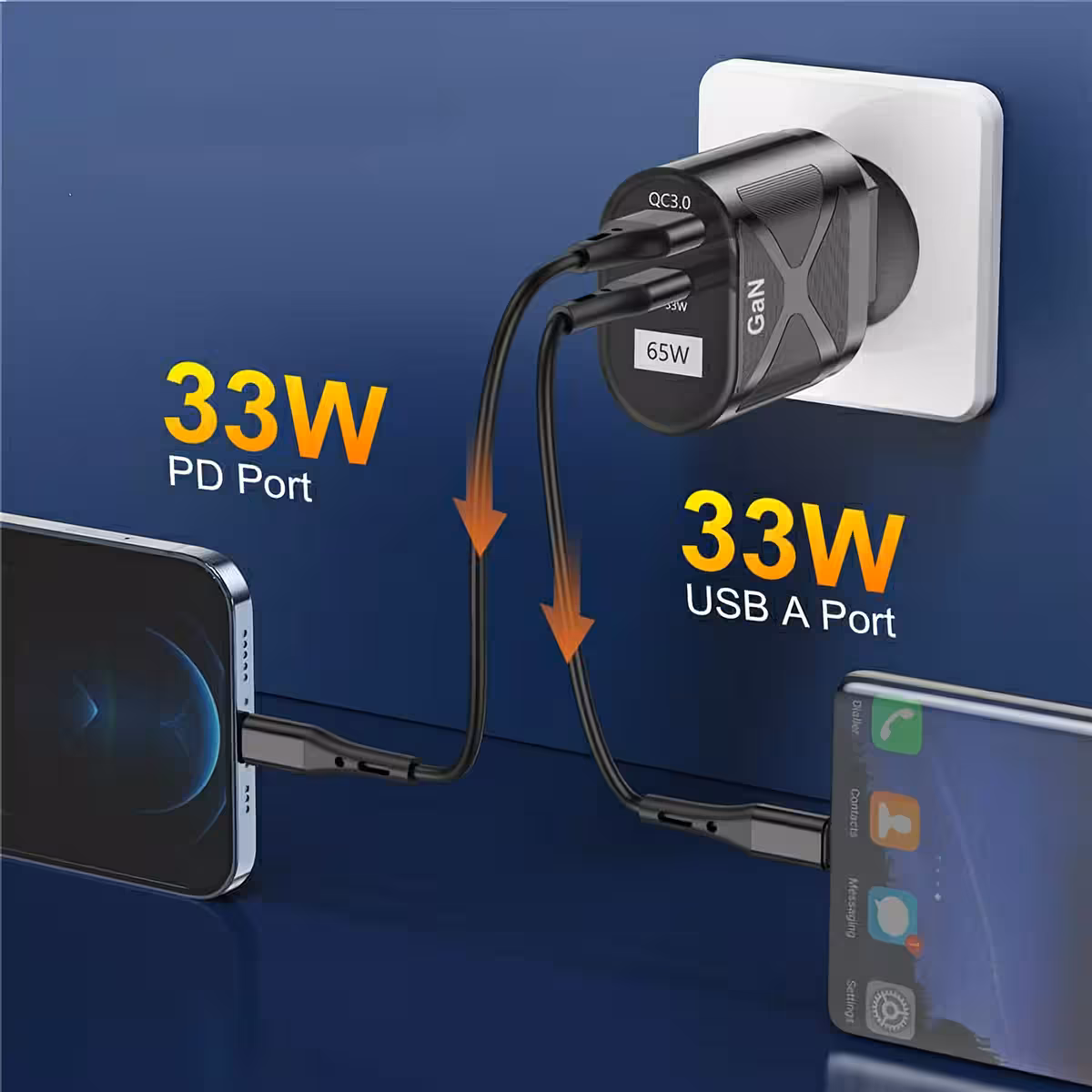 Kompakt GaN-oplader med USB-C og USB-A, ideel til rejser