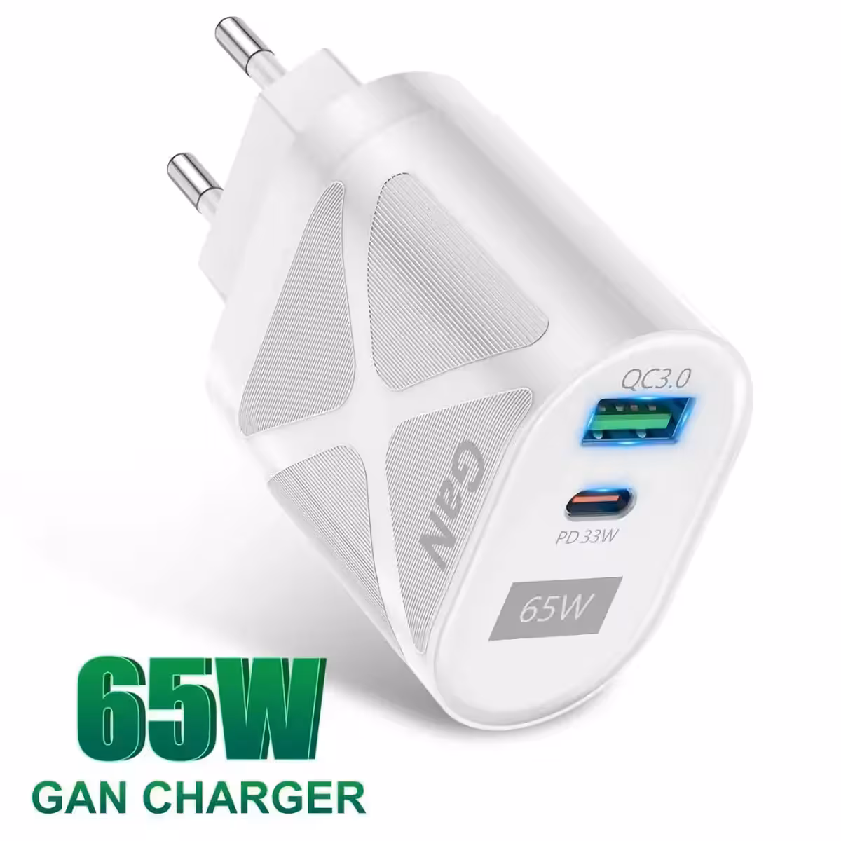Hvid GaN-oplader 65W, kompatibel med Type-C
