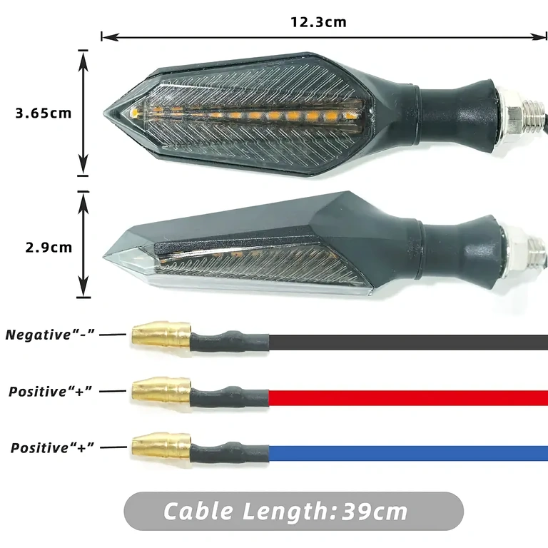 Blinklys med sort, blå og rød ledning til tilslutning