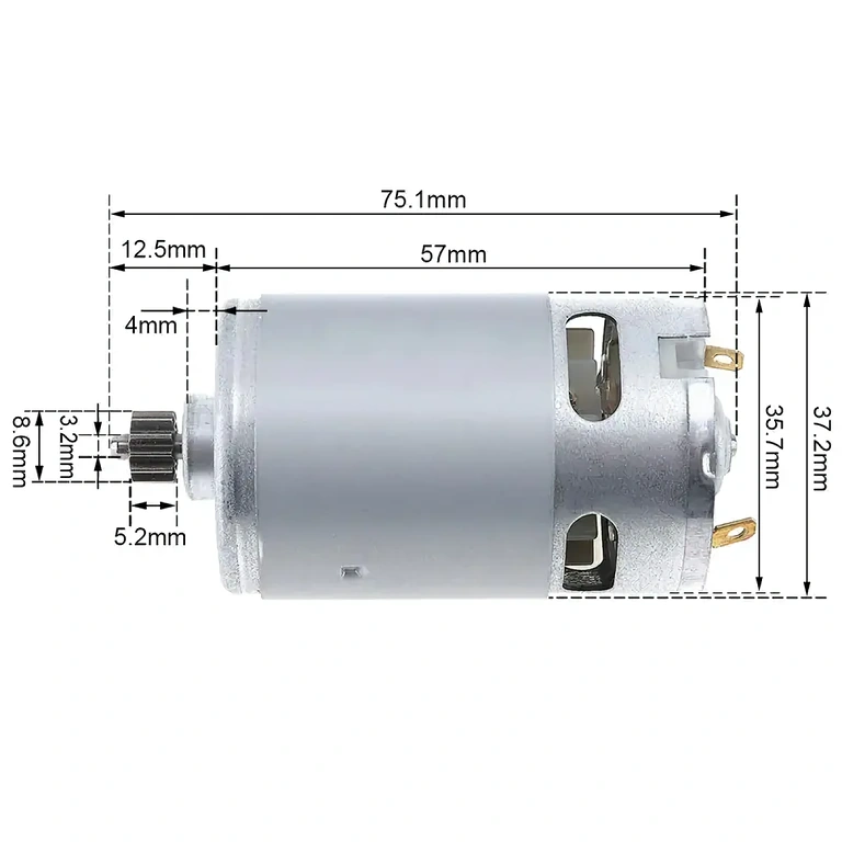 Dimensioner af DC-motor RS-550, inkl. diameter og længde