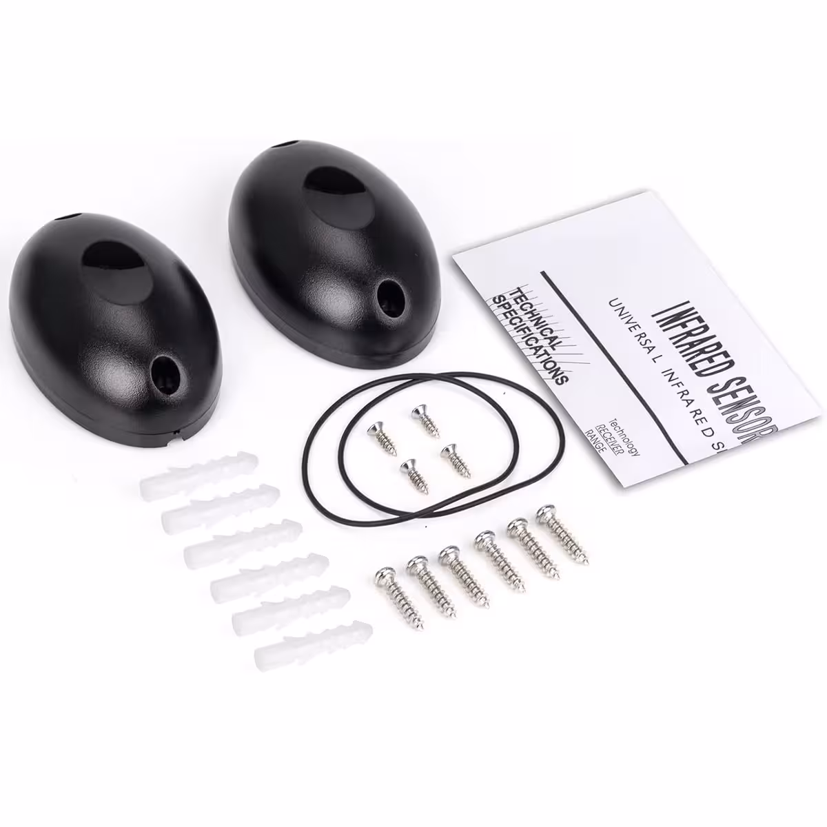 Komplet liste over komponenter inkluderet i pakken med IR-fotoceller til portautomatisering