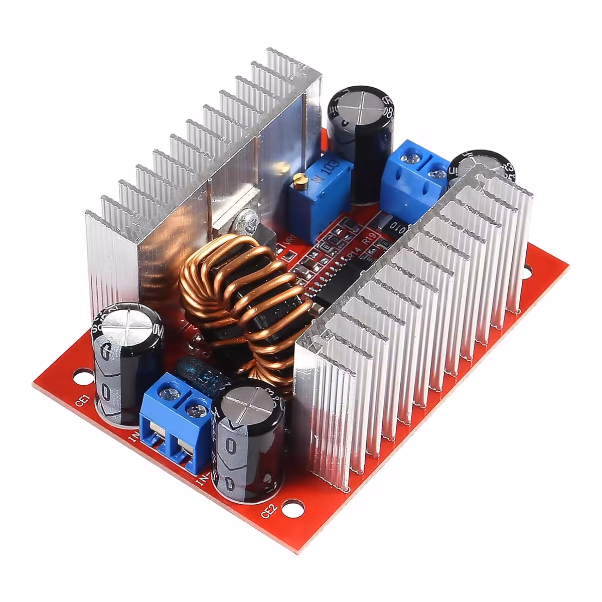 Sidevisning af Step-up Boost DC 400W modul med strøm- og spændingsspecifikationer: 15A, DC 8,5V-50V indgang, DC 10V-60V udgang