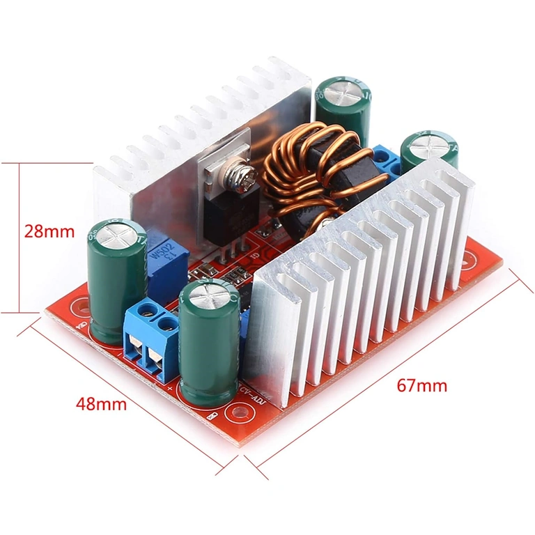 Dimensioner Step-up Boost DC 400W modul Diagram med nøjagtige mål af Step-up Boost DC 400W modul