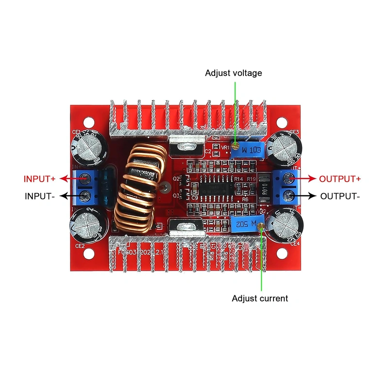 Tilslutningsdiagram Step-up Boost DC 400W modul Detaljeret skitse af kabelforbindelser til Step-up Boost DC 400W modul