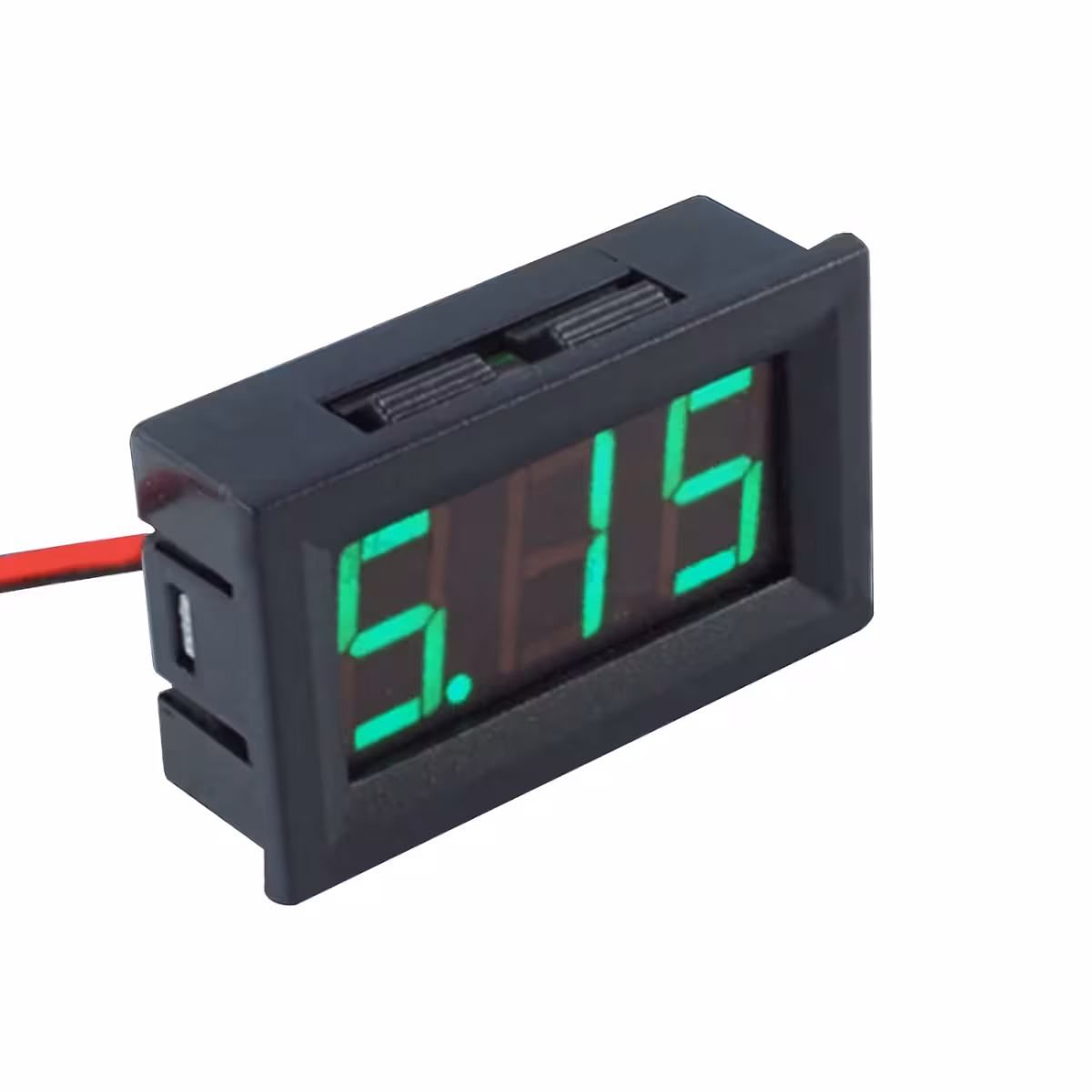 Detaljeret visning af bagsiden af 5V-120V digitalt panelvoltmeter, med synlige forbindelser og komponenter