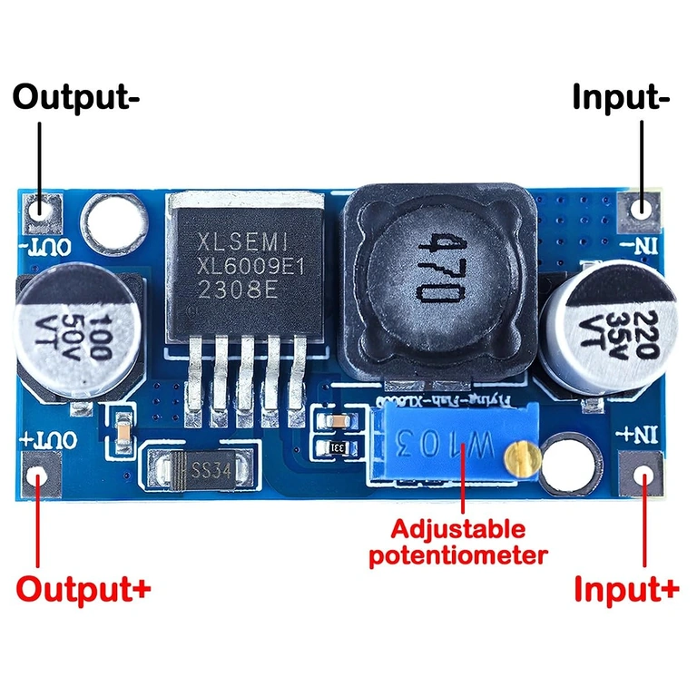 Tilslutning XL6009 modul Tilslutningsdiagram af XL6009 strømforsyningsmodul for input og output