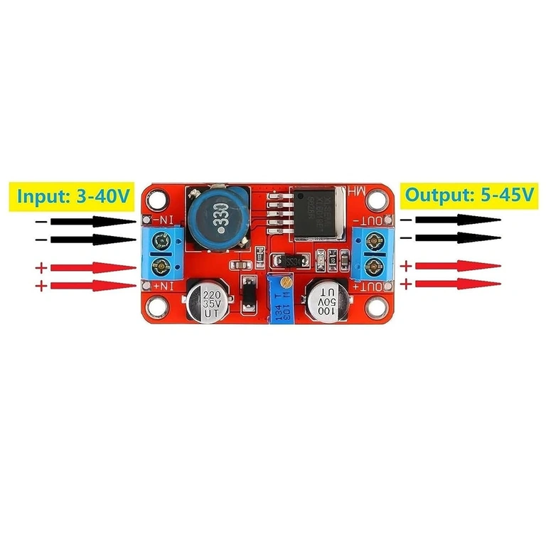 Tilslutningsdiagram af XL6019 DC-DC Boost Converter, viser input og output for nem installation